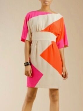 Trina Turk Silk Cream Mini Dress with Pink and Orange Colorblock